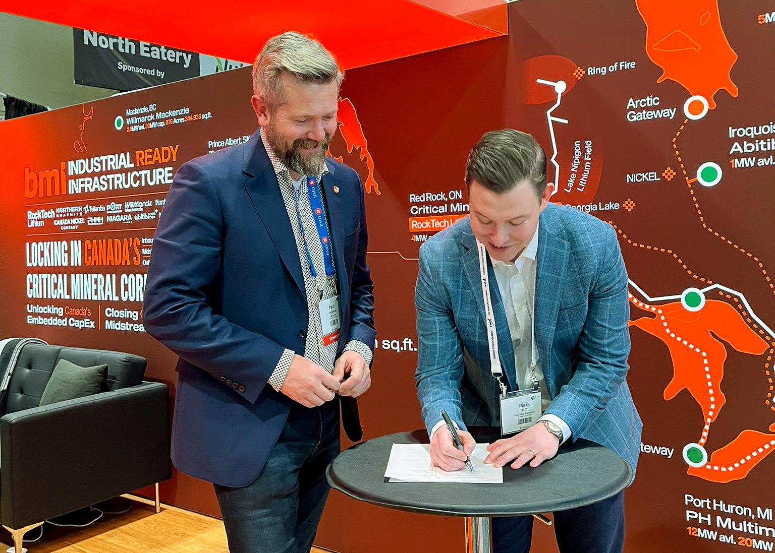 Plum Gas Solutions, Mark Hill, Vice President, Corporate Development, Plum Gas Solutions, Paul Veldman, CEO BMI, sign their partnership agreement to to pursue the development of a Compressed Natural Gas (CNG) facility at the former pulp mill site in Prince Albert.