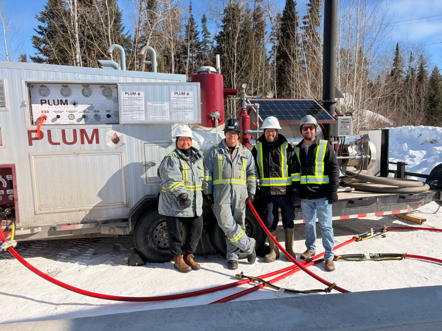 The Plum Gas Solutions team standing next to a Pressure Regulation System (PRS) in safety equipment.
