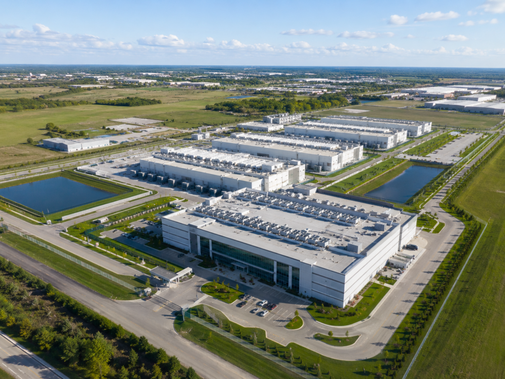 Aerial view of a high-end hyperscale data center campus with several matching buildings, clean roadways, geometric landscaping, reflective retention ponds, security fencing, and a very orderly layout. Bright daylight, polished commercial real estate photography style.