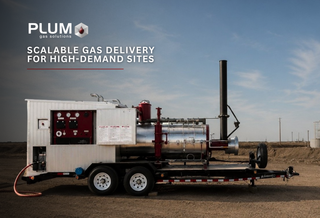 A photo of a Plum Gas Solutions Pressure Regulation System (PRS) with the text overlay "Scalable Gas Delivery for High Demand Environments."