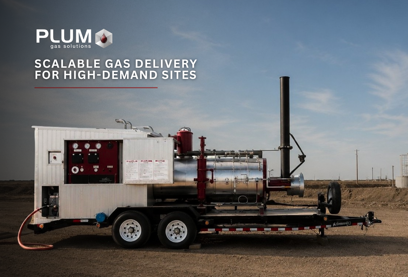 A photo of a Plum Gas Solutions Pressure Regulation System (PRS) with the text overlay "Scalable Gas Delivery for High Demand Environments."