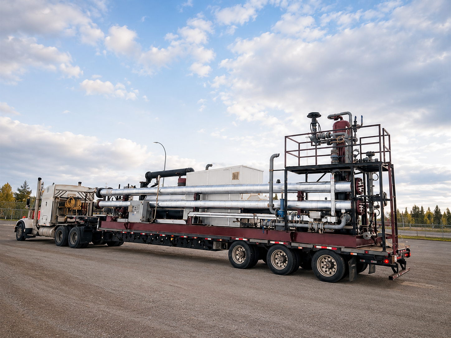 A photo of a Plum Gas Solutions Plum Gas Conditioning Package for condensate recovery in an empty field at sunrise.